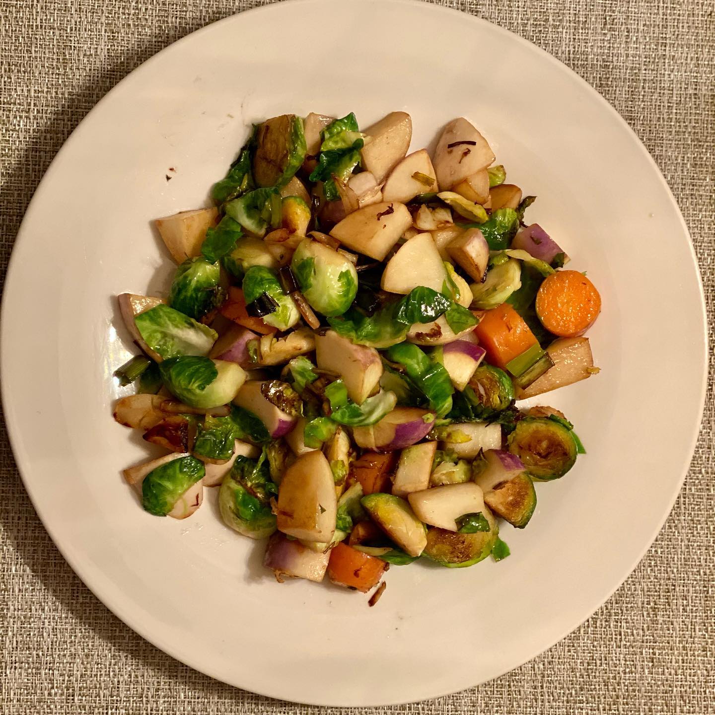 Roasted turnips, brussels and carrots in one pot