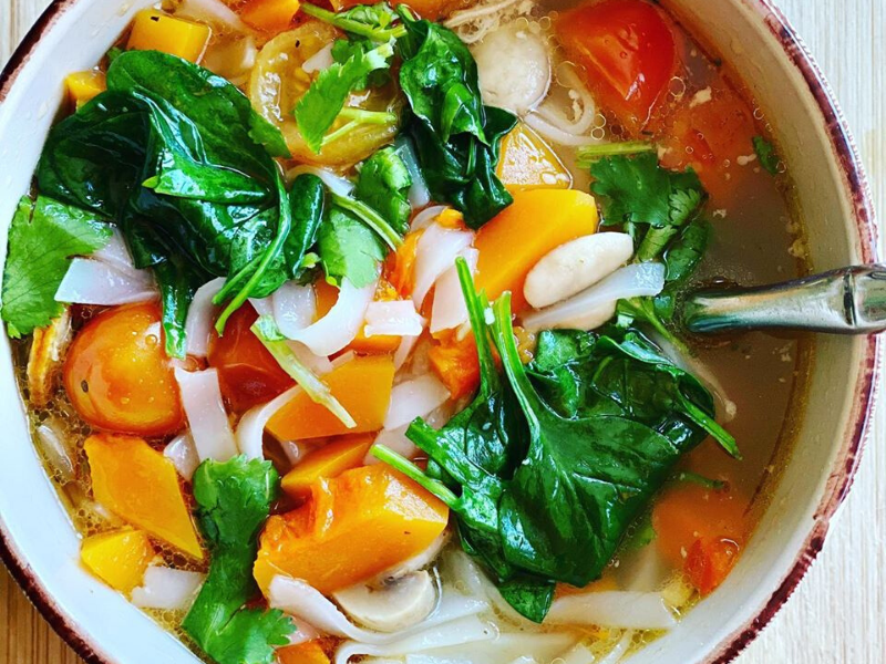 Yummy Nutritious 30 Minutes Chicken Noodle Soup with Squash, Mushrooms and Veggies in Bone Broth or Mushroom Broth