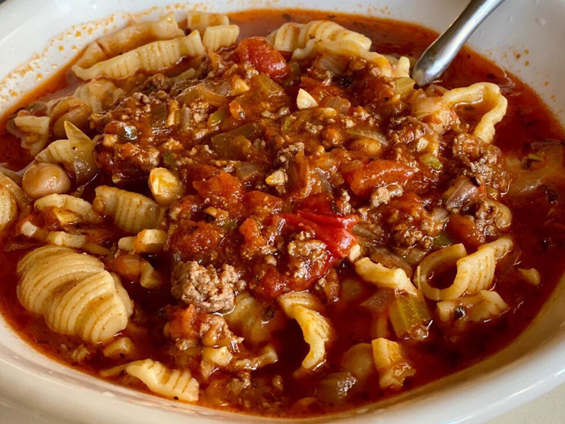 Quick, easy, Yummy One-pot Artisan pasta conchiglie soup in CALABRESE-STYLE MEAT SAUCE