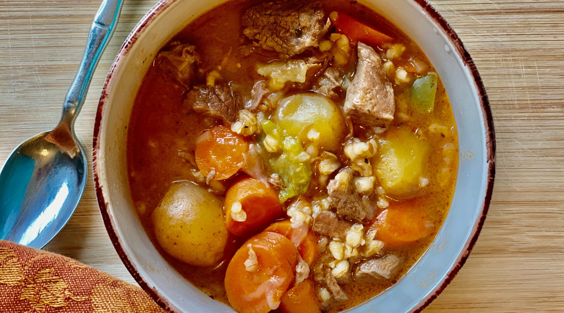 Quick Easy Slow Clay Cooker Grass-fed Beef Stew with Barley Potato