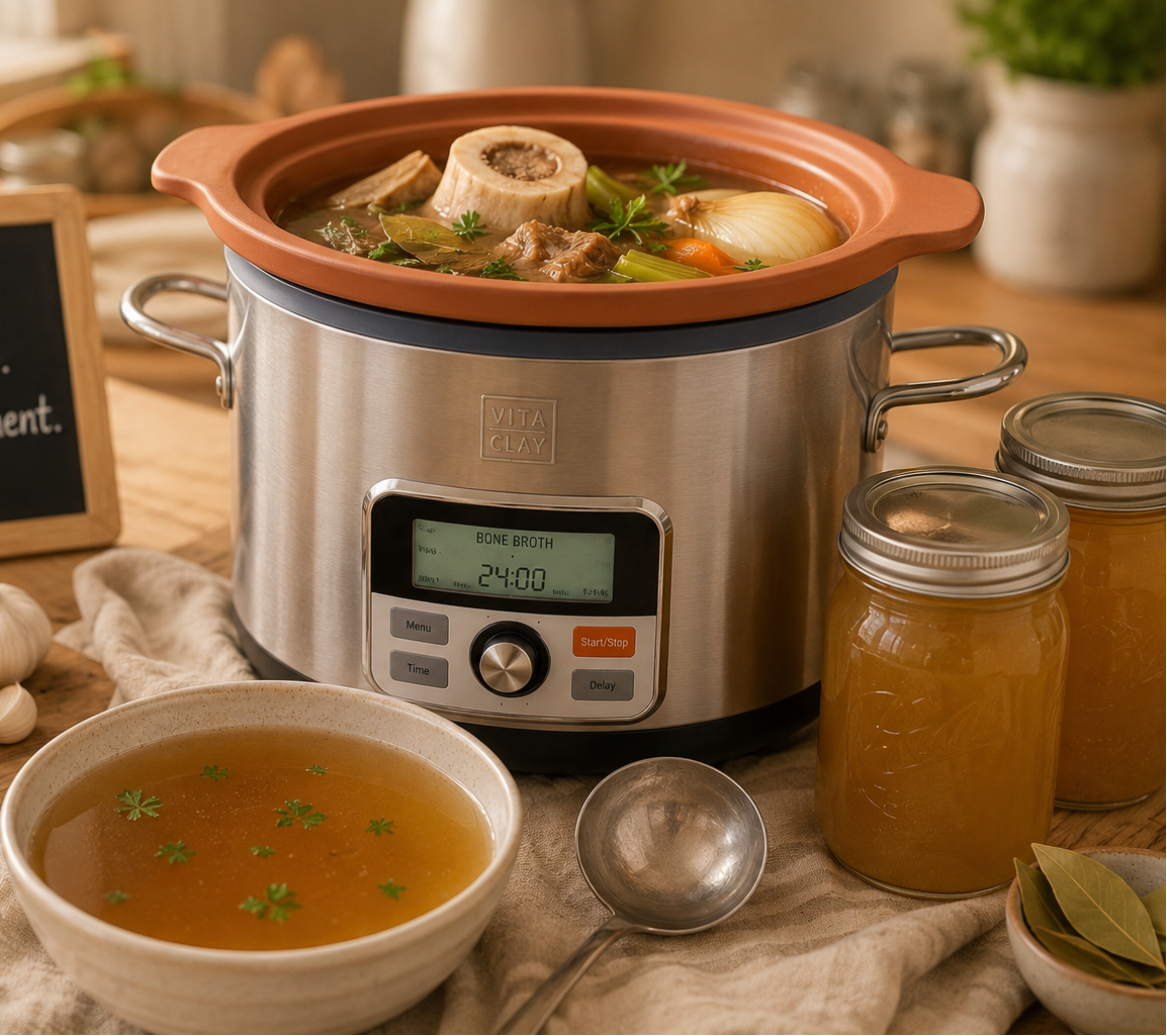 Beautiful bone broth prepared in a Nourishing Pot