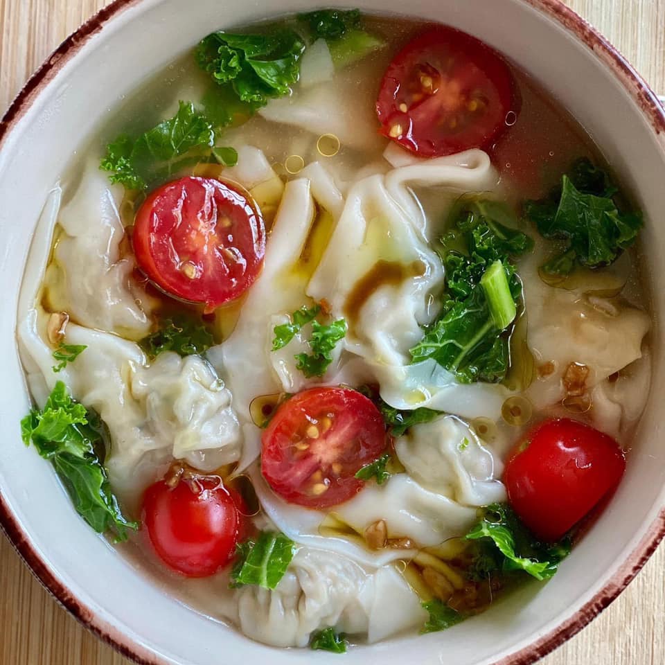 Yummy, comforting, destress wonton soup in weekly bone broth and fresh veggies  for gut health made in VitaClay!