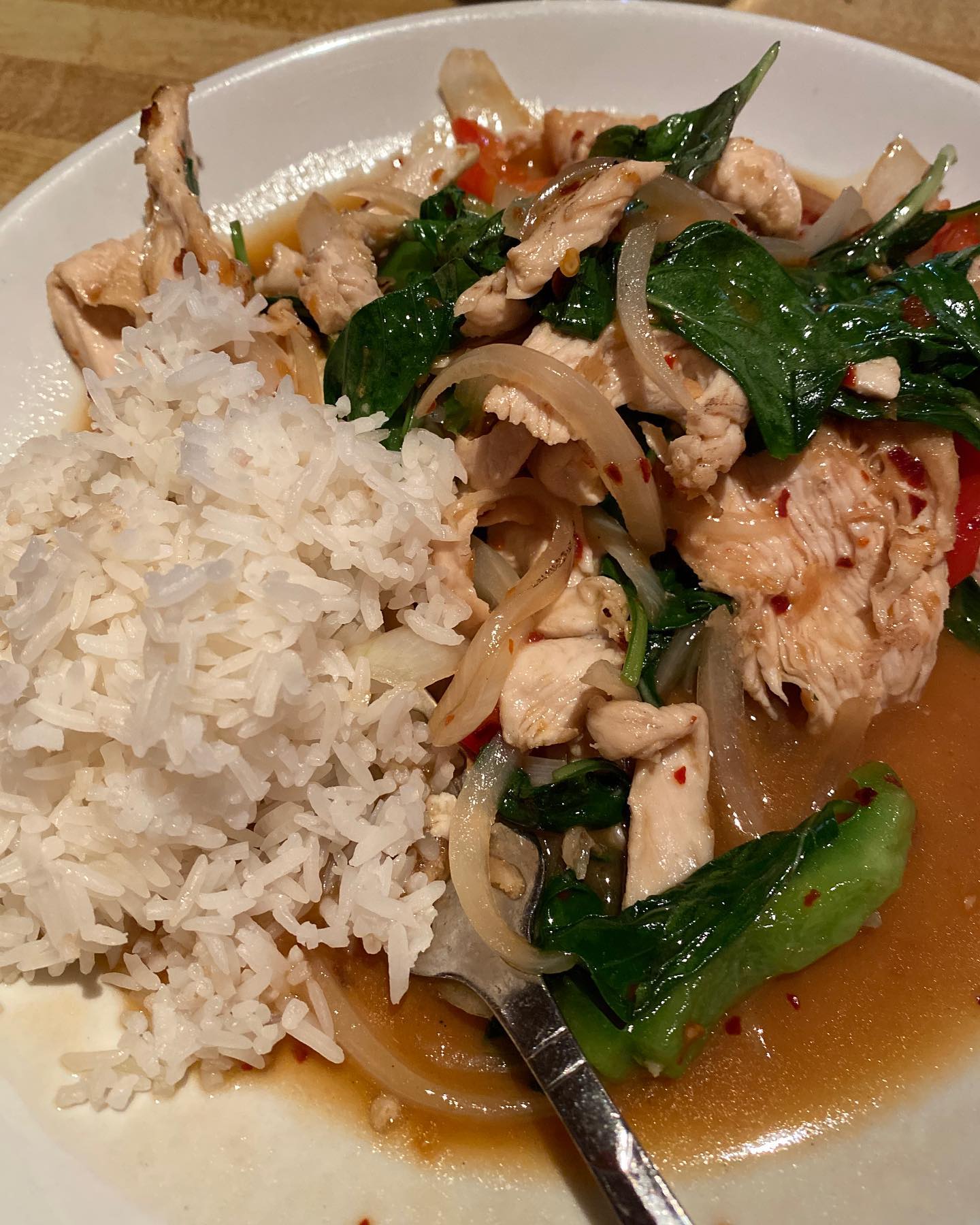 Spicy Thai basil chicken over jasmine rice