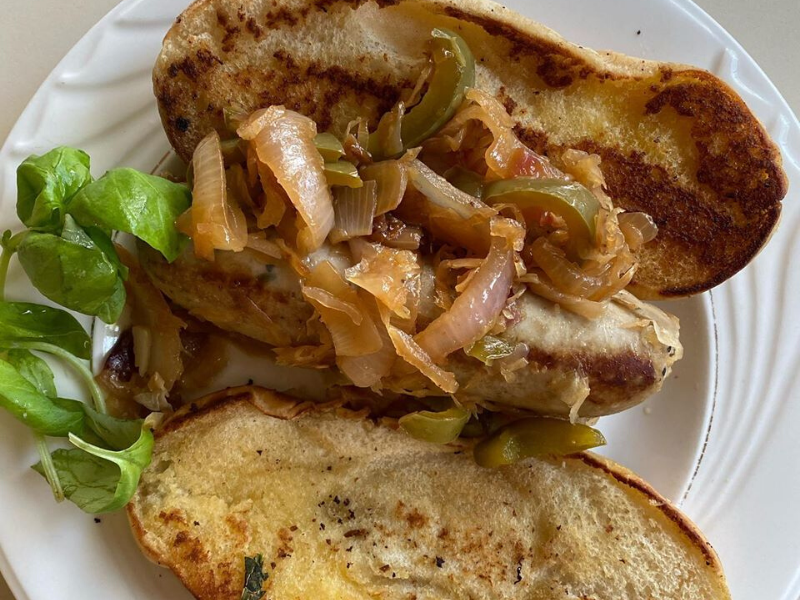 Chicken Sausage with Lots of Onions, Pepper Sauerkraut and Greens Cooked in Vitaclay for just 30 minutes!