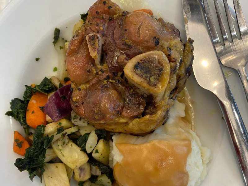 Braised Pork Shank with Mashed Potatoes and Greens and Root Veggies