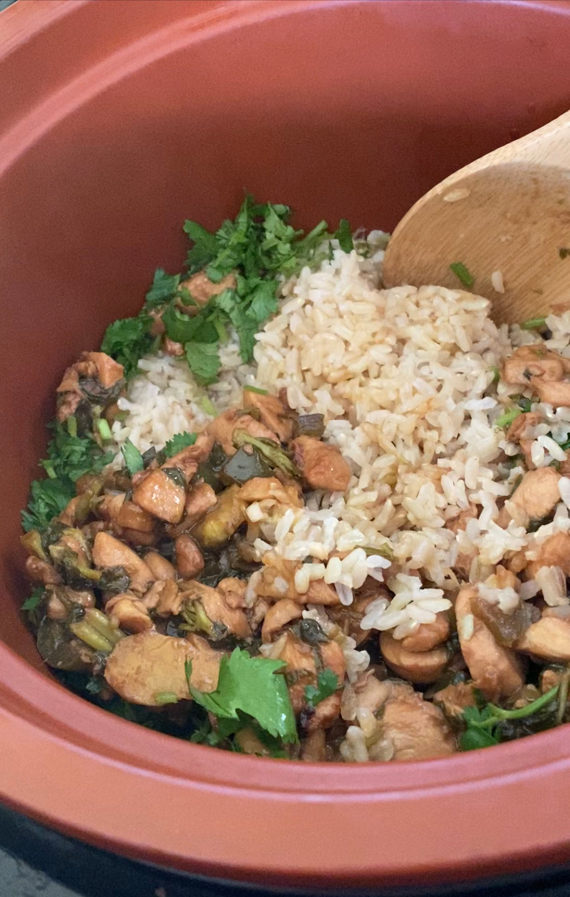 clay pot brown rice with spicy lemon basil chicken