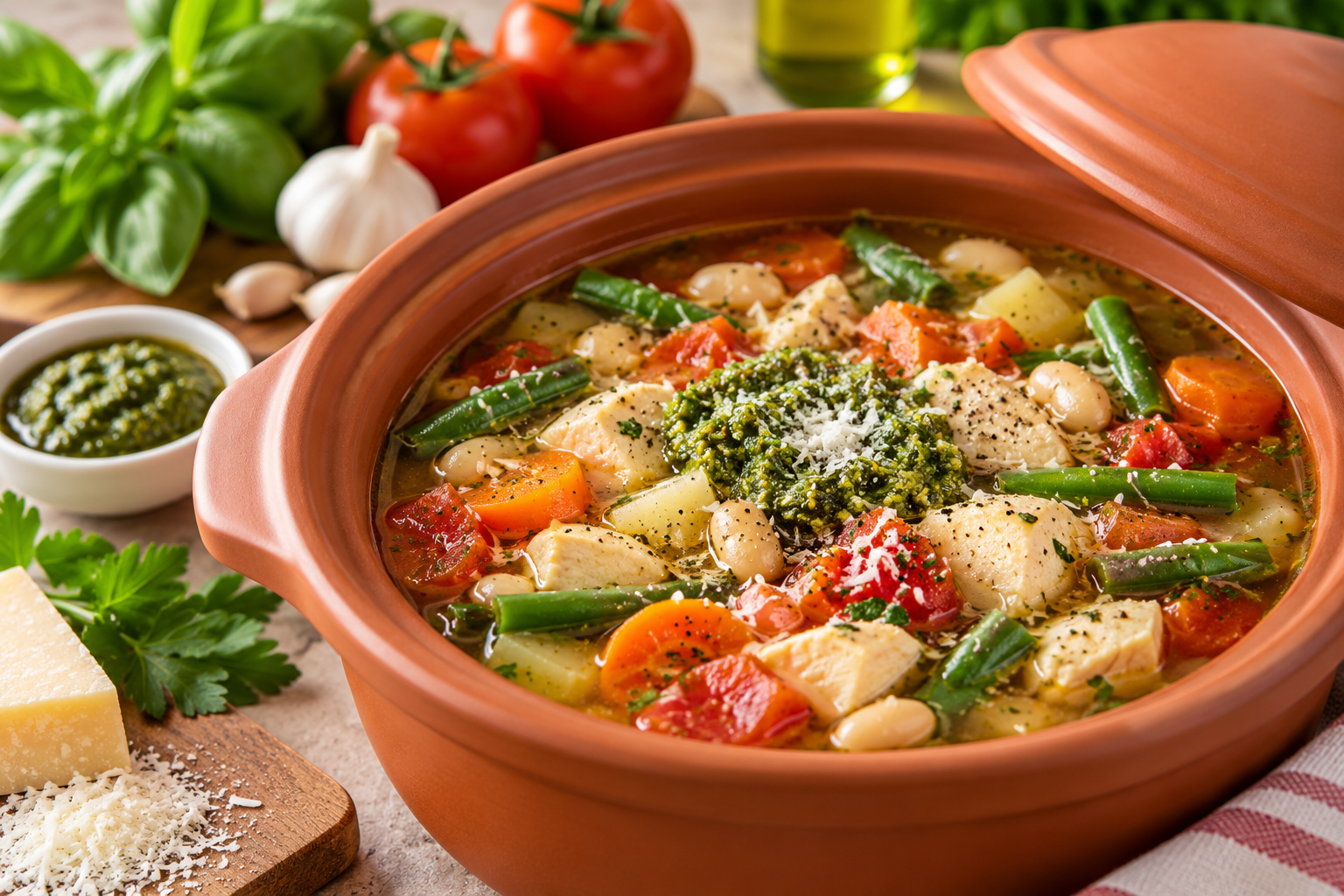 Easy Chicken Soup au Pistou in VitaClay | Chicken, White Bean & Pesto Soup