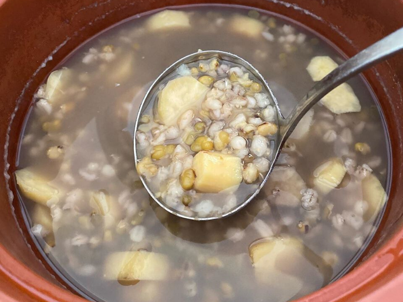 Mung Bean Barley Yam Soup for Weekend Breakfast Made Last Night in VitaClay, Cooked for 1-2 Hours and Stays Warm Until You are Up to Eat