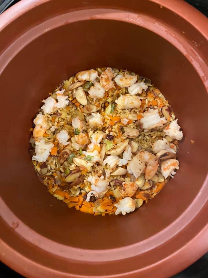 Brown Rice Shrimp Pilaf One Pot Meal in VitaClay Rice Slow Cooker