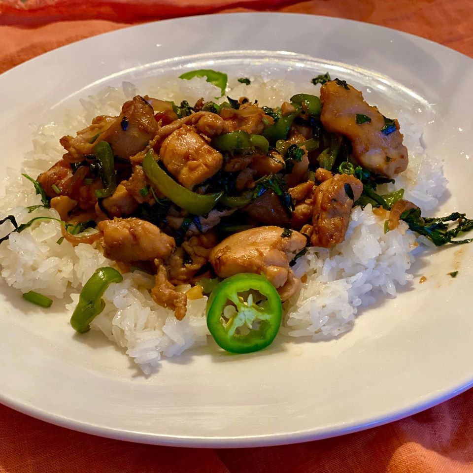 Spicy Flavorful One Pot Thai Basil Chicken Served on Sticky Rice