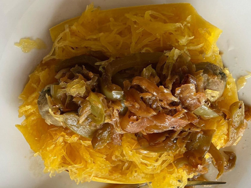 Satisfying, Antiviral, Anti-Inflammatory Paleo/Ketogenic Chicken Sausage Spaghetti Squash with Lots of Onion, Pepper and Sauerkraut!