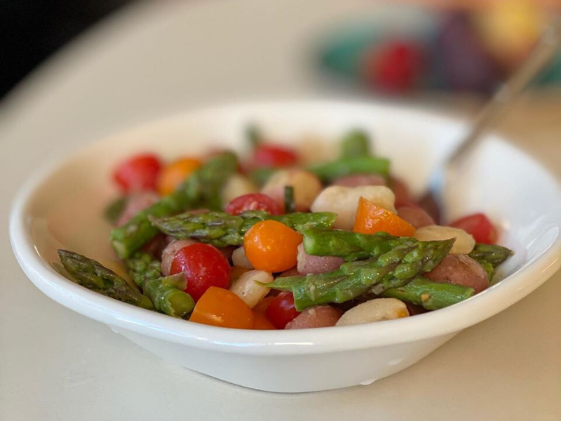 Meatless Monday Fresh Summer Meal with Abundant Fresh Veggies with Marinated Lima Beans, Garlic Roasted Potatoes, Asparagus, and Colorful Cherry Tomatoes!