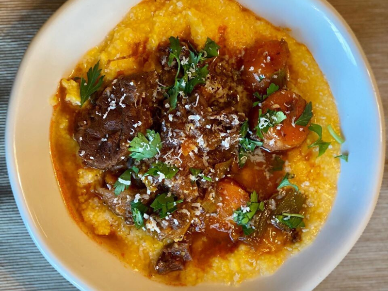 Beef Shank Stew with Potatoes, Carrots and Celery Served with Polenta! 