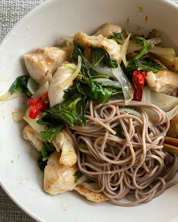 Spicy lemon basil chicken tenders with buckwheat noodles