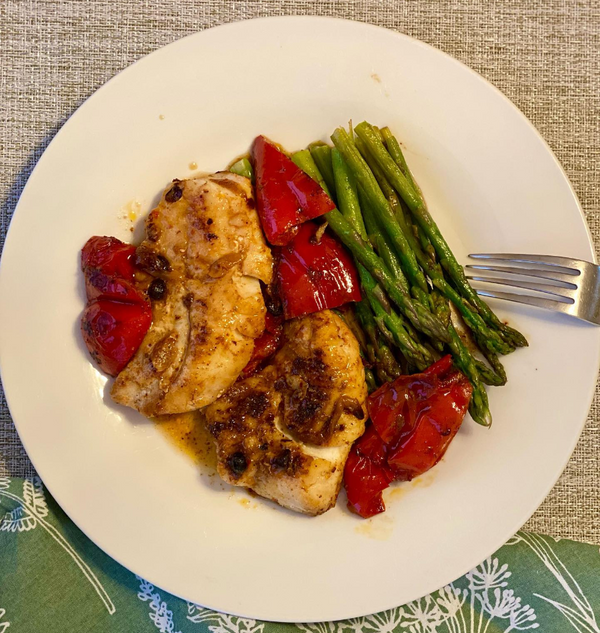one pot meal with cajun blackened cod, roasted peppers and asparagus ...