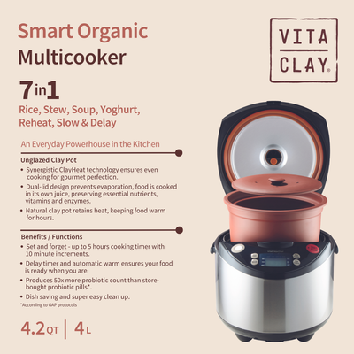 VITACLAY 7-IN-1 SMART ORGANIC MULTI-COOKER VM7900 - A RICE COOKER, A SLOW COOKER, A DIGITAL STEAMER, PLUS A BONUS YOGURT MAKER